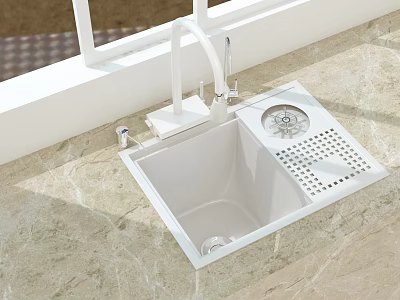 White Kitchen Sink with Faucet and Drainer on Marble Kitchen Countertop 3d model