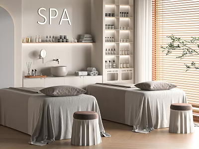 Relaxing Modern SPA Sauna Interior With Massage Beds Skincare Products And Blinds 3d model