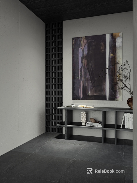 Large Dark Abstract Painting on Gray Wall with Black Grid Partition and Console Decorations 3d model 