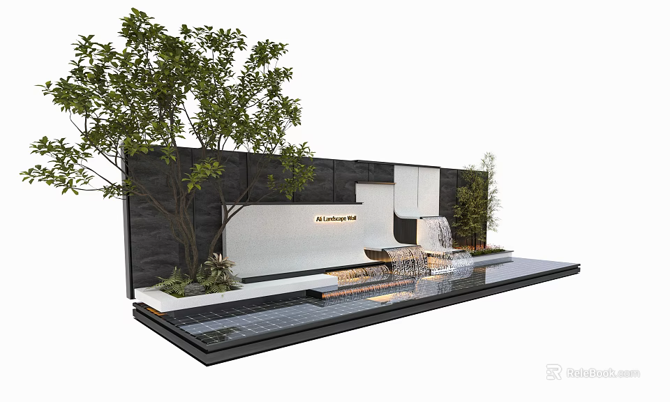 Modern Feature Wall Landscape Design With Green Plants Water Fountain And Stone Elements 3d model 