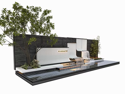 Modern Feature Wall Landscape Design With Green Plants Water Fountain And Stone Elements 3d model