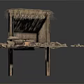 Rustic Thatched Roof Structure With Wooden Posts Platforms And Stone Decorations