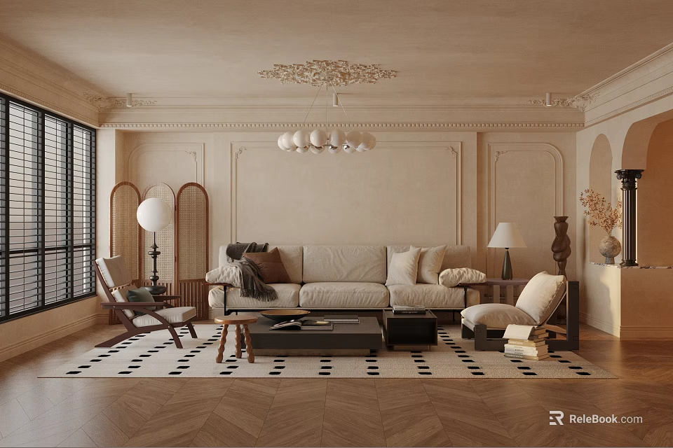Elegant Living Room Interior With Panelled Walls Herringbone Floor Beige Sofa And Chandelier 3d model 