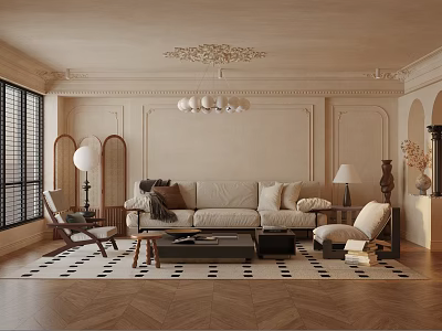 Elegant Living Room Interior With Panelled Walls Herringbone Floor Beige Sofa And Chandelier 3d model
