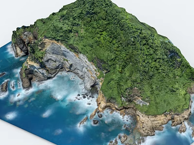 Tropical Island With Lush Green Vegetation Rocky Coastline And Blue Sea Waves 3d model