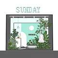 Sunday Themed Shop Window With Green Background Lush Plants White Dress And Bench