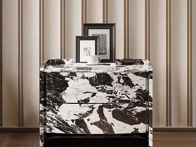Modern Nightstand With Black And White Marble Top Two Photo Frames White Cup And Magazine 3d model