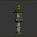 Traditional Japanese Stone Lantern With Multi Tiered Design Green Roof And Carved Panels