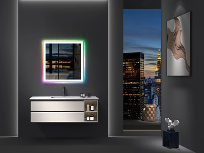 Modern Bathroom Washbasin Vanity With Neon Framed Mirror And City Night View 3d model