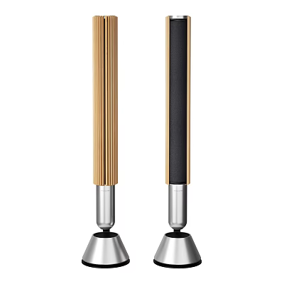 Modern Audio Speakers With Wooden And Black Exterior And Silver Base 3d model
