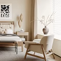 Modern Bedroom Interior With Upholstered Headboard Wooden Bed Textured Rug And Abstract Artwork