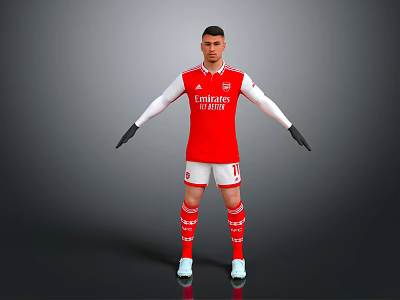 Arsenal Football Player 3D Model Wearing Red Jersey White Shorts Black Gloves With Grey Background 3d model