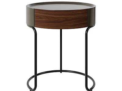 Modern Round Coffee Table With Walnut Drawer And Black Metal Frame 3d model