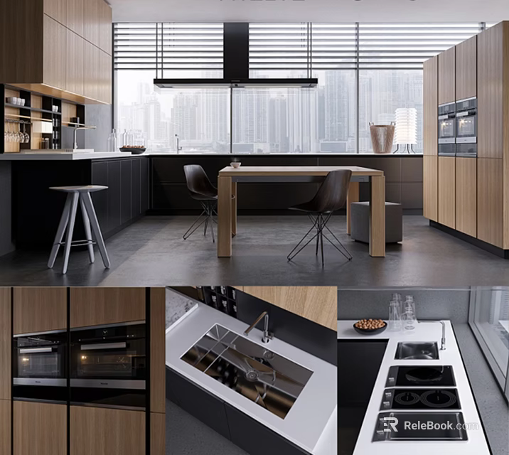 Modern Open Kitchen Interior With Wooden Cabinets Island Sink And Appliances 3d model 