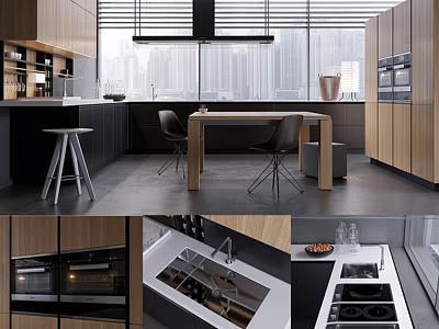 Modern Open Kitchen Interior With Wooden Cabinets Island Sink And Appliances 3d model