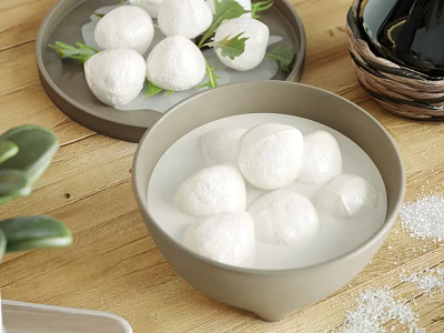 Fresh White Meatballs in Bowl with Water on Plate with Green Leaves Salt on Table 3d model