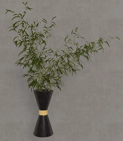 Green Bamboo Plant in Black Vase with Gold Band Against Gray Wall 3d model