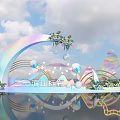 Elegant Floral Display Featuring Rainbow Arch Colorful Spheres Green Plants Cloudy Sky And Water Reflection