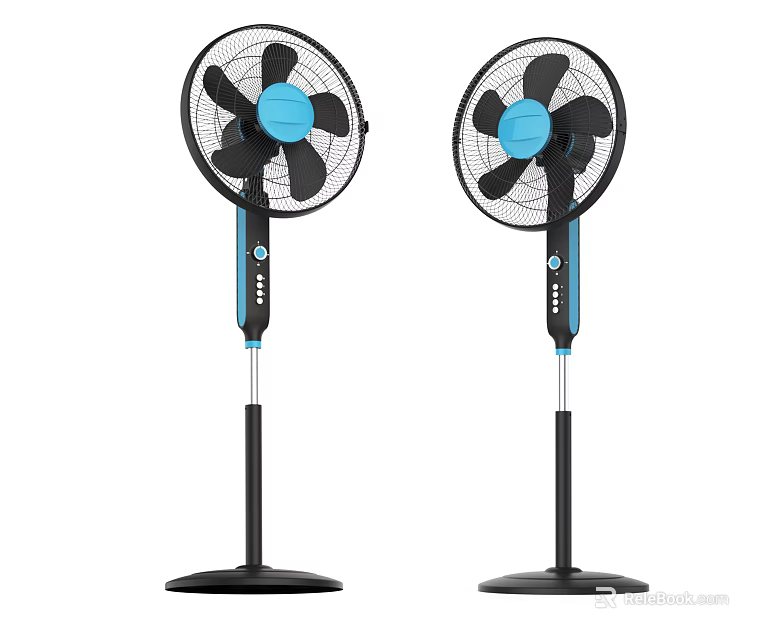 Two Modern Pedestal Fans with Black Blades and Blue Center for Home Use 3d model 