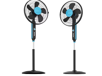 Two Modern Pedestal Fans with Black Blades and Blue Center for Home Use 3d model