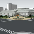 Modern Cultural Center Building with Water Pool and Green Lawn Landscape