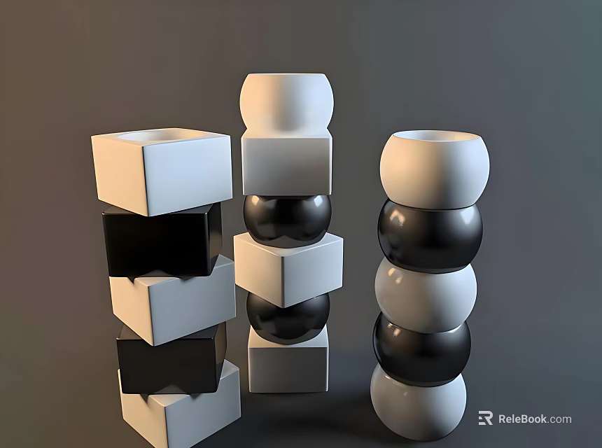 Modern Black And White Stacked Geometric Sculptures For Home Decor 3d model 