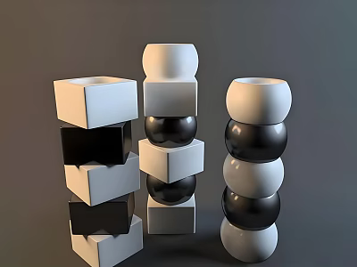 Modern Black And White Stacked Geometric Sculptures For Home Decor 3d model