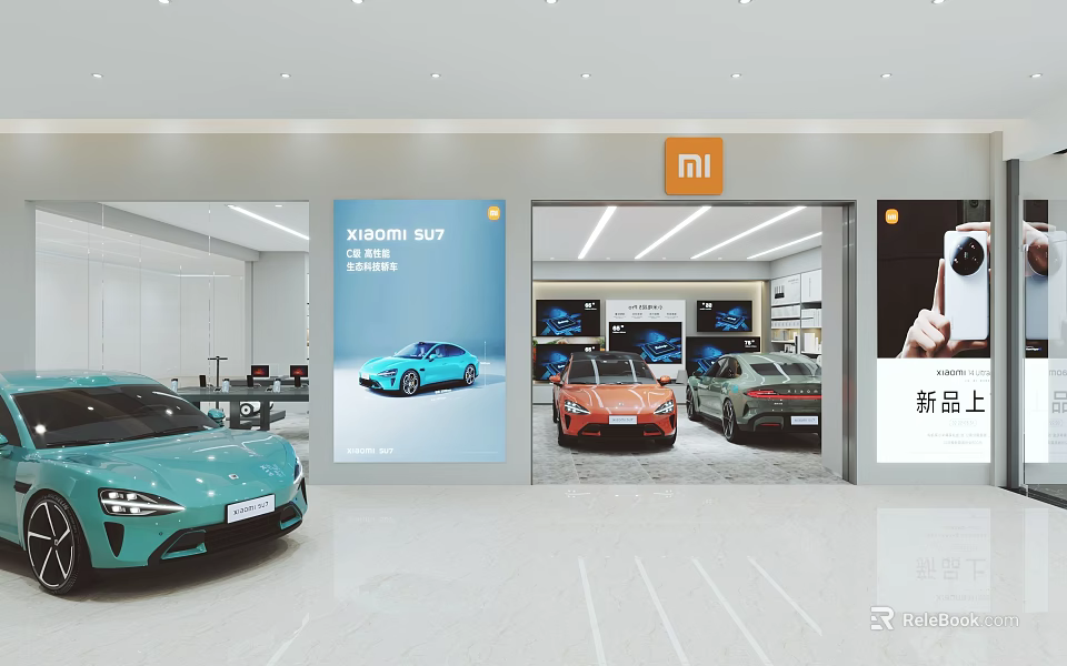 Xiaomi Car Showroom Displaying SU7 Series New Models With Colorful EV Exhibits 3d model 
