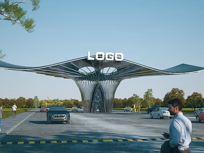 Modern Architectural Entrance Gate with LOGO and Cars in Parking Area with Trees 3d model