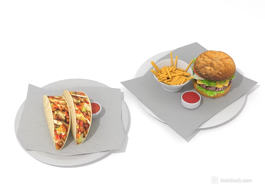 Delicious Tacos and Juicy Burger with Crispy Fries and Ketchup 3d model 