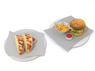 Delicious Tacos and Juicy Burger with Crispy Fries and Ketchup 3d model