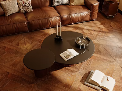 Elegant Brown Leather Sofa With Black Round Coffee Table And Side Table On Wooden Parquet Floor 3d model