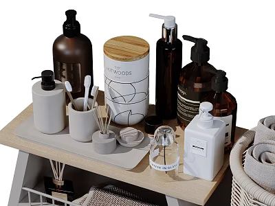 Stylish Bathroom Accessories Set Featuring Bottles Wooden Lid Container Toothbrush Holder Aromatherapy And Towels 3d model