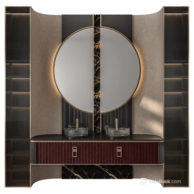 Elegant Modern Bathroom Vanity With Round Mirror Marble Background And Double Sinks 3d model 