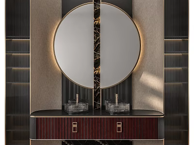 Elegant Modern Bathroom Vanity With Round Mirror Marble Background And Double Sinks 3d model