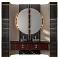 Elegant Modern Bathroom Vanity With Round Mirror Marble Background And Double Sinks