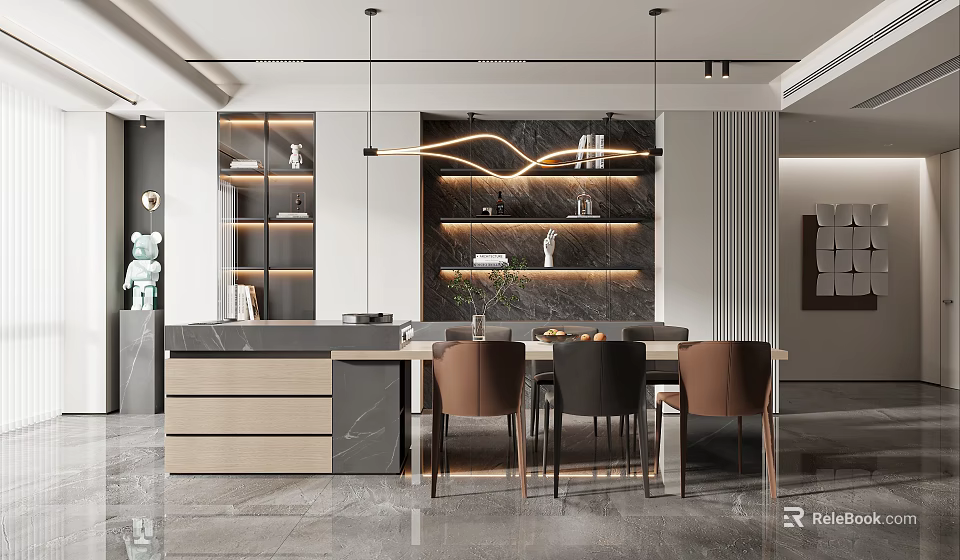 Sophisticated Luxury Restaurant Interior With Marble Dining Table Metal Chairs And Pendant Lighting 3d model 