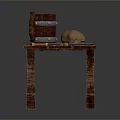 Rustic Wooden Table With Wooden Bucket Clay Pot And Knife On Top