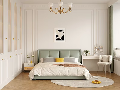 Elegant Modern Bedroom Interior With Green Headboard Gold Chandelier Black White Artwork And Wooden Floor 3d model