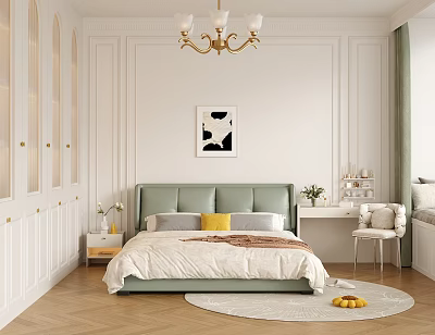 Elegant Modern Bedroom Interior With Green Headboard Gold Chandelier Black White Artwork And Wooden Floor 3d model