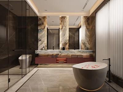 Luxury Bathroom Interior With Marble Walls Freestanding Bathtub Vanity And Glass Shower 3d model