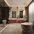 Luxury Bathroom Interior With Marble Walls Freestanding Bathtub Vanity And Glass Shower