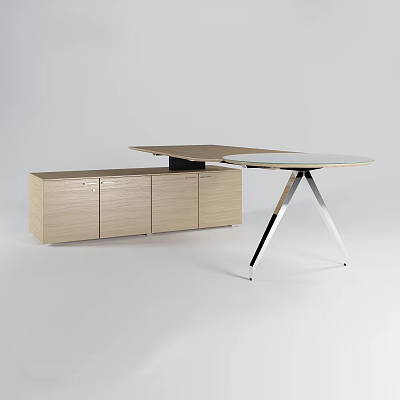 Modern Office Desk With Light Wood Cabinet Storage And Glass Top Metal Legs 3d model