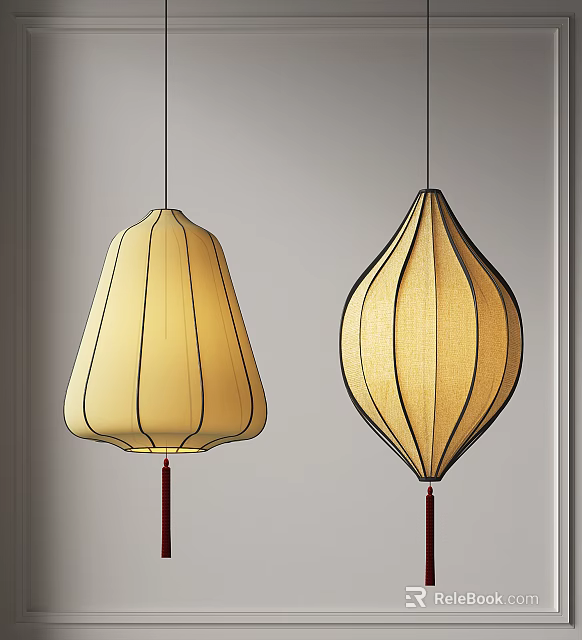 Two Stylish Pendant Lights Featuring Beige Fabric Shades Black Lines Red Tassels and Minimalist Design 3d model 