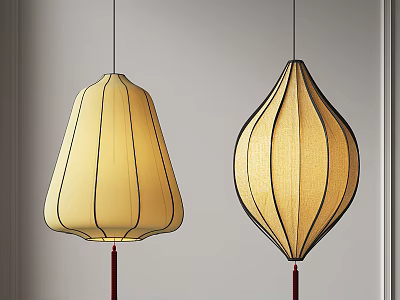 Two Stylish Pendant Lights Featuring Beige Fabric Shades Black Lines Red Tassels and Minimalist Design 3d model