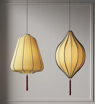 Two Stylish Pendant Lights Featuring Beige Fabric Shades Black Lines Red Tassels and Minimalist Design 3d model