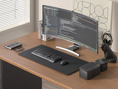 Modern Home Office Desk Setup With Curved Monitor Keyboard Mouse Headphones And Speakers 3d model