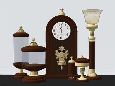 Antique Wooden Mantel Clock With Decorative Glass Jars And Golden Accents 3d model