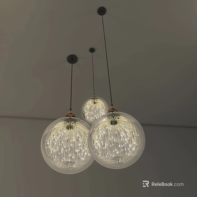 Three Modern Glass Globe Pendant Lights With LED String Lights Brass Base And Black Cords 3d model 