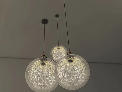 Three Modern Glass Globe Pendant Lights With LED String Lights Brass Base And Black Cords 3d model